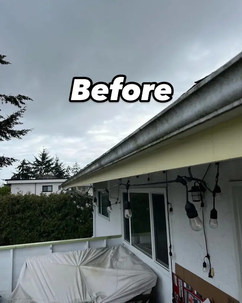 Gutter face streaked with grey grime before washing