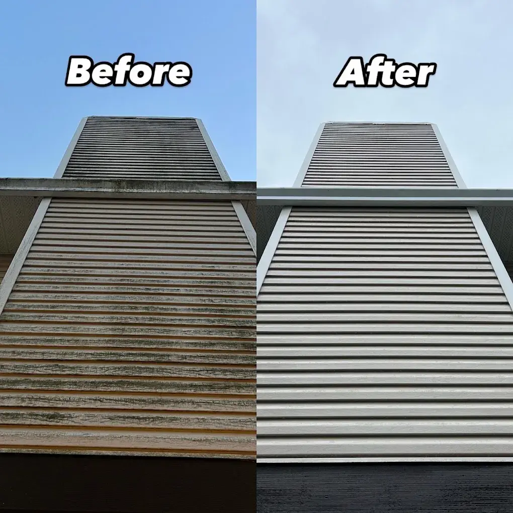 Before and after: green-streaked vinyl siding and trim washed clean